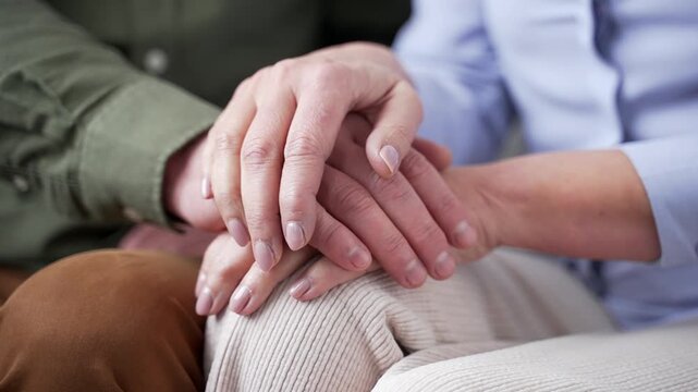 Close up of senior married couple resting their hands on each other while sitting on a sofa at home. Holding hands on their laps, expressing love, trust, mutual support and a deep emotional bond.
