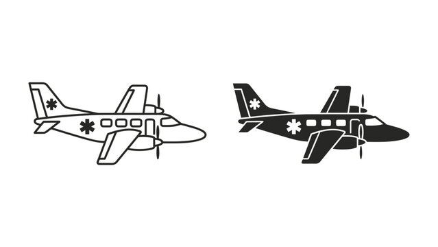 Medical Airplane Icon Set: Two stylized illustrations of a medical airplane, one in outline and one in silhouette, both featuring the universal medical symbol, symbolizing air ambulance services.