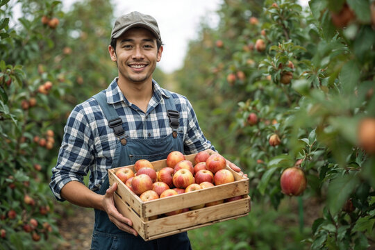 Portrait of happy farmer holds wooden crate full of ripe red apples in orchard