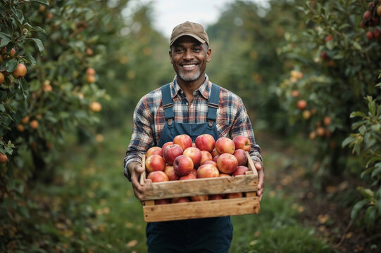 Portrait of happy elderly black farmer holds wooden crate full of ripe red apples in orchard. Healthy food production