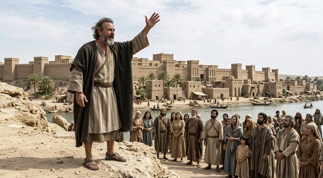 Prophet Jonah preaching to a crowd on the shore of Nineveh. Ancient biblical scene with a bearded man speaking to people in historical robes. Old Testament religious narrative concept