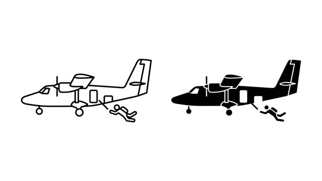 Skydivers Descending: Two skydivers leap from a twin-engine airplane, captured in a minimalist, graphic illustration style that emphasizes the thrill of freefall and aerial adventure.