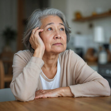 Senior Asian woman rests hand on cheek, thoughtful gaze upward. Soft lighting highlights her calm, reflective expression. Home setting suggests quiet contemplation or gentle reminiscing