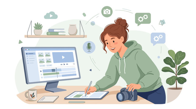 Creative woman editing video and photos on computer, digital art, technology