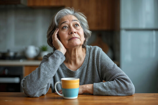 Senior woman rests her chin on her hand. She gazes upward with thoughtful expression. Mug sits before her on a wooden table. Her grey hair frames a calm, pensive face