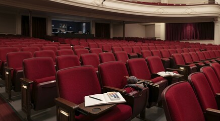 Fototapeta premium Empty theater auditorium with red fabric seats. Sketchbook with watercolor palette and knitting yarn resting on chair. Creative arts and crafts hobby concept