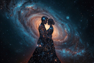 Naklejka premium An illustration of a couple embracing against a swirling galaxy. Figures glow with nebulae and stars in an infinite universe. Horoscope and horoscopes