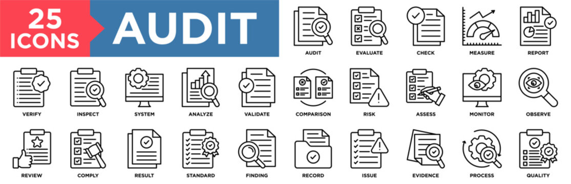 Audit Icon Set Collection. Icon Pack Contain Check, Verify, Review, Inspect, Assess, Report, Evaluate, Comply, Observe, Monitor