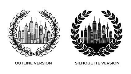 Cityscape Emblem: A striking emblem featuring a modern cityscape encased within a laurel wreath, presented in both outline and silhouette versions. © muaiqly