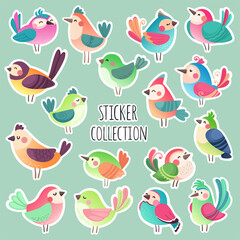 Fototapeta premium A collection of colorful cartoon bird stickers. 