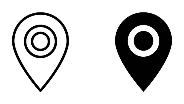 Map Pin Icon Comparison: A side-by-side visual contrast of a map pin location marker, presented in both outline and solid black styles, signifying navigation and pinpointing exact locations.