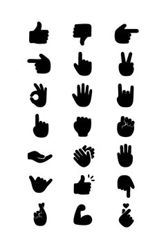 Collection of Black Hand Gestures Icons, Thumbs Up, Pointing, Peace Sign, Rock On