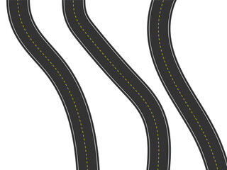 Fototapeta premium Set of Three Winding Vector Road Segments with Yellow and White Lines