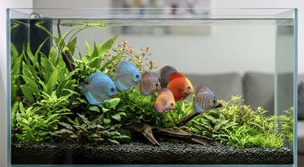 Plakat Colorful Discus fish swimming in densely planted freshwater aquarium. Tropical pets in home aquascape tank with green plants and driftwood