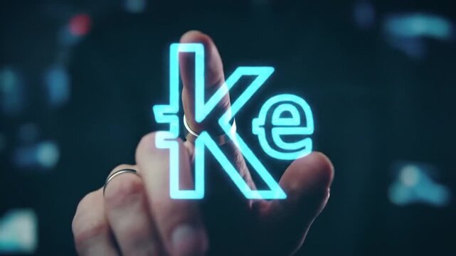 Person pointing at glowing blue neon Ke logo in dark digital setting