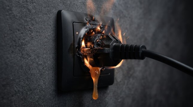 Melting electrical socket and plug on fire with sparks. Dangerous short circuit and faulty wiring for home safety and insurance themes.