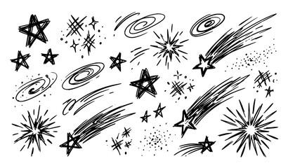 Black and white hand drawn space elements stars comets and galaxy swirls © Nahid