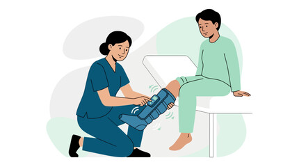 Obraz premium Nurse Adjusts Medical Brace on Patient's Leg - Vector Illustration