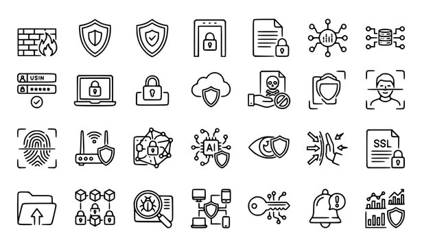 Cybersecurity icon set network protection data security and digital privacy