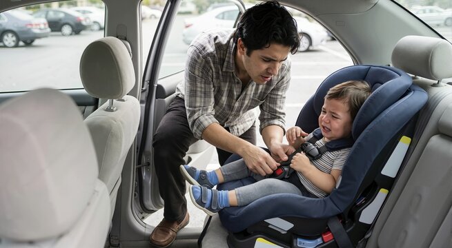 Stressed Hispanic father buckling a crying toddler into a car seat. Dad dealing with a child meltdown in a parking lot. Parenting challenges