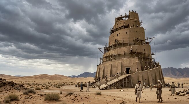 Unfinished ancient mudbrick tower with wooden scaffolding in a desert landscape. Workers building a massive ziggurat under stormy clouds
