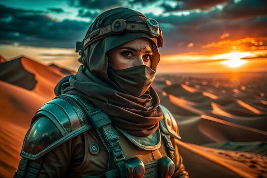 Lone futuristic desert warrior standing on sand dunes at dramatic sunset landscape, sci fi nomad exploring Sahara. g.