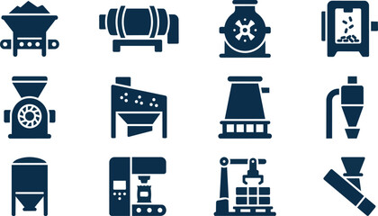 Fototapeta premium Industrial machinery icons, factory equipment symbols, industrial tools illustrations, manufacturing process signs