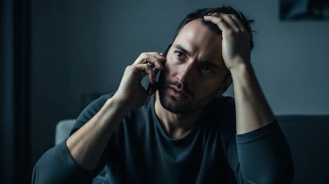 Anxious Conversation A man with a worried expression talks on the phone his hand on his head conveying stress and distress