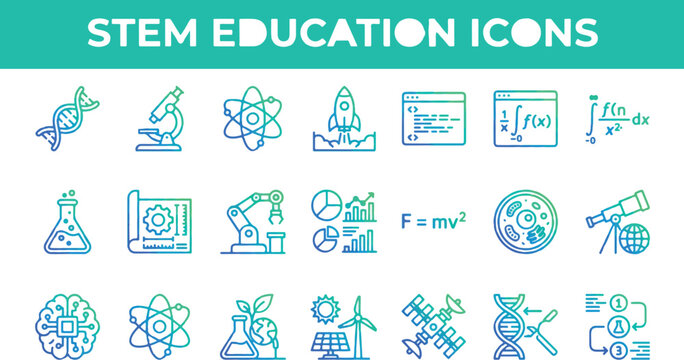 STEM education icons represent various fields of science, technology, engineering, and mathematics through minimalist vector illustrations for academic use.