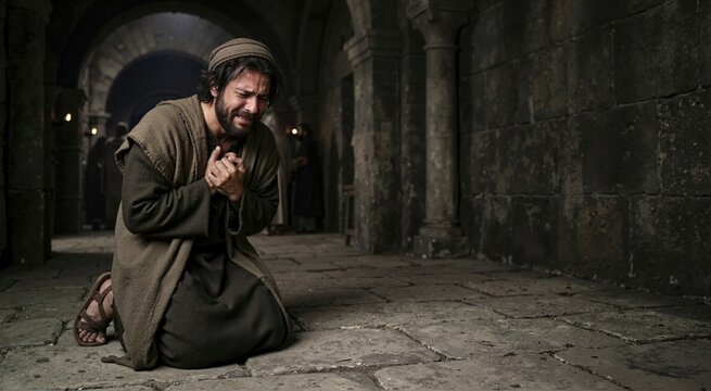Humble man in ancient clothing kneeling on stone temple floor crying and praying for mercy. Biblical parable concept of repentance and forgiveness