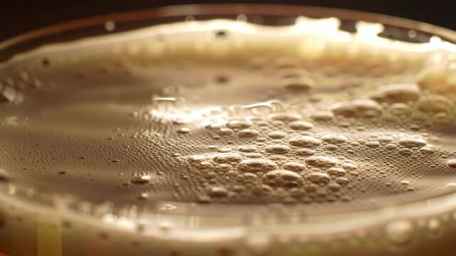 Macro shot of golden amber beer foam head popping with gaseous carbonation bubbles