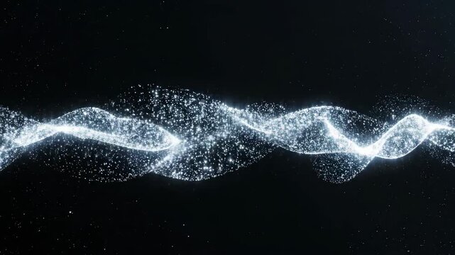 Flowing trail of shimmering silver particles undulating across a deep black starfield background