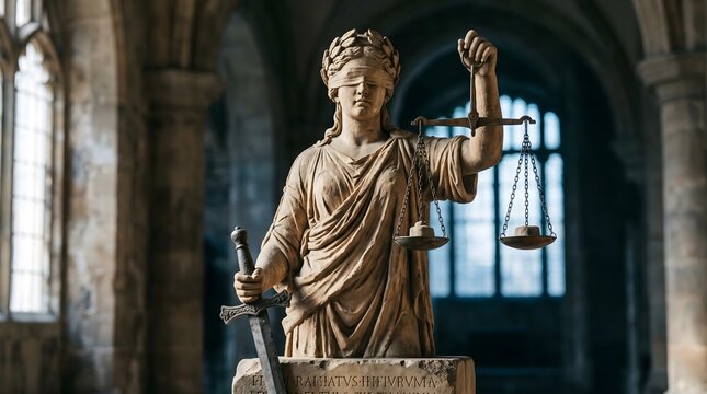 Statue of lady justice with sword and scales in historic setting