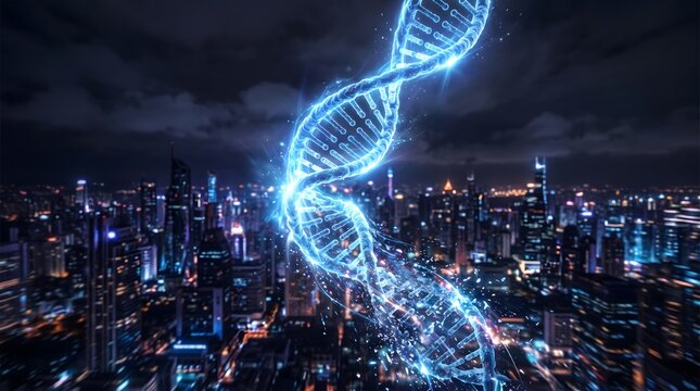 Futuristic dna strand over cityscape biotechnology and urban innovation concept