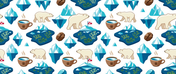 Seamless Pattern: Polar Bears, Coffee Cups, Icebergs, and Coffee Beans © Cahaya