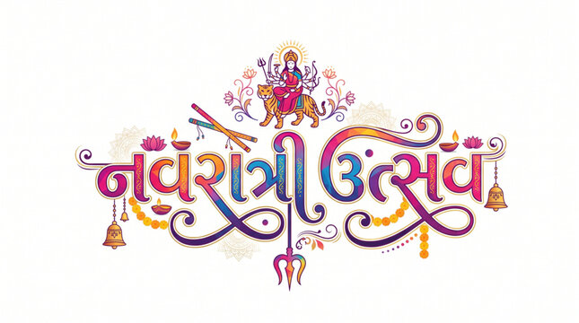 Navratri Utsav Hindi Typography with Goddess Durga Icon and Decorative Festival Elements on White Background