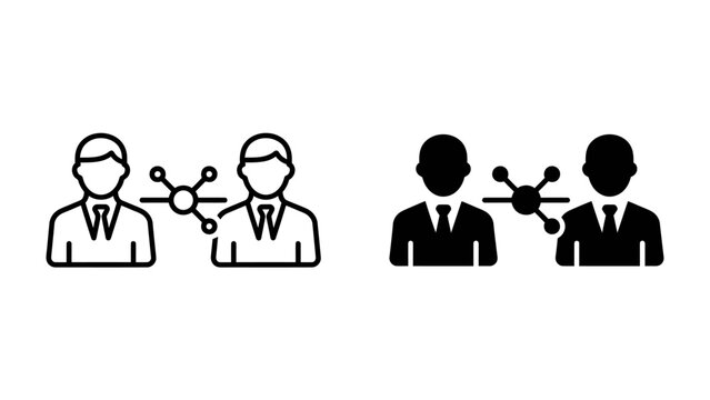 Connections Between People: Two stylized figures in business attire are linked by a network diagram, symbolizing connection, communication, and collaboration in a professional context.