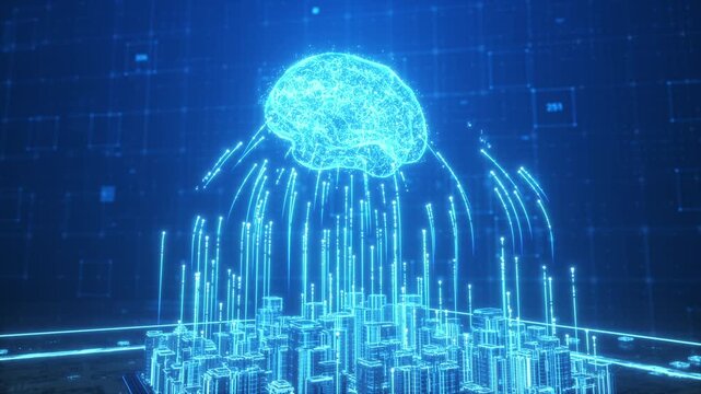 Tech city brain data, glow digital brain hovers above a holographic cityscape, connected by luminous data streams to a grid-patterned digital background, symbolizing AI-powered smart city technology.