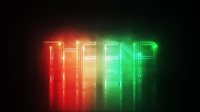 Animation text of The End Neon laser neon glitch text effect cinematic title on black abstract backgroud. 
