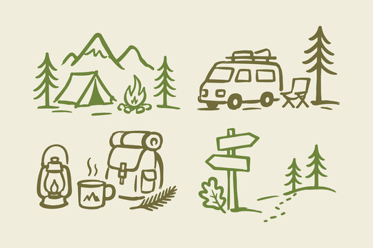 Camping Adventure Doodle Set Vector Illustration