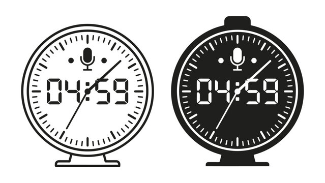 Digital Alarm Clock Icons: A pair of minimalist alarm clock icons, one in black and white and the other in inverted colors, displaying the time 04:59 and featuring a microphone symbol.