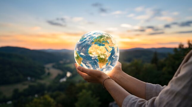 Hands holding glowing earth globe at sunset environmental protection concept