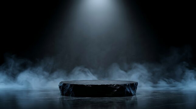 Dark stone podium with spotlight and smoke effect