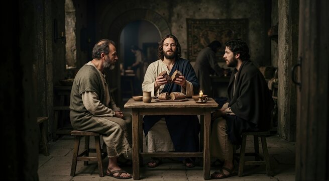 Jesus breaking bread at a rustic wooden table with two disciples in a dimly lit stone room. Biblical scene of the Supper at Emmaus. New Testament Christian faith concept