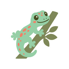 Naklejka premium Green lizard with pink spots smiling.