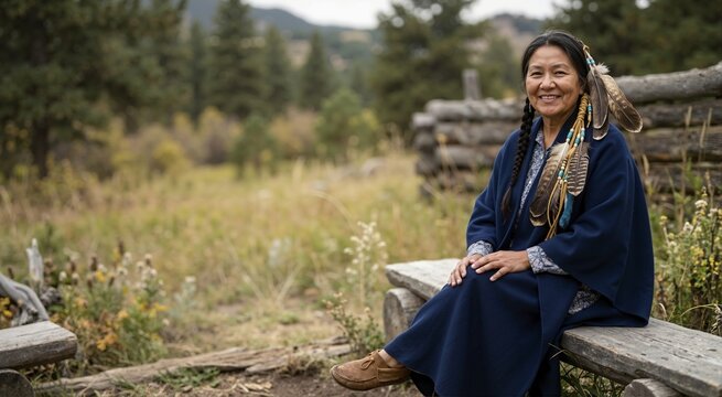 Mature Native American woman with traditional feather hair ornament. Smiling indigenous person sitting on a wooden bench. Cultural heritage portrait
