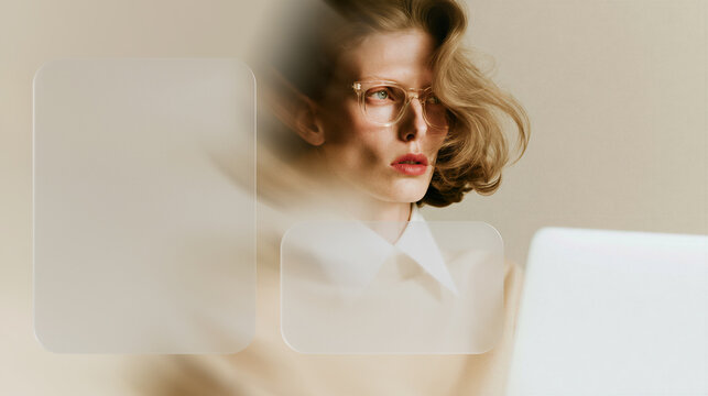 Focused professional working on laptop with abstract glass interface