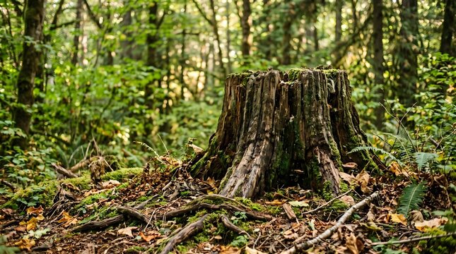 Mossy tree stump in lush pacific northwest forest