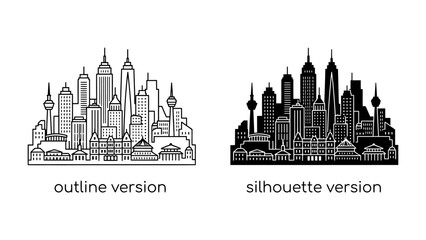 Cityscape Duo: A striking comparison between an outlined and silhouetted cityscape, showcasing the architectural diversity and urban sprawl of a modern metropolis. © Hasib