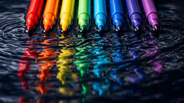 Rainbow marker collection with water reflections vibrant art supplies